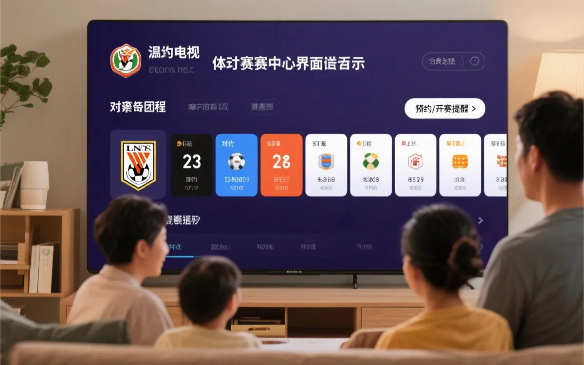 电视端赛事中心大屏界面示意：赛程卡片、队徽入口与预约提醒按钮图解